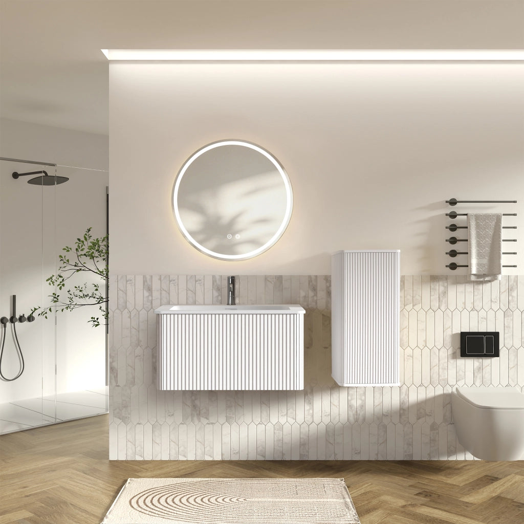 Mobile da bagno con lavabo, specchio LED e mobile laterale, per bagno, bianco