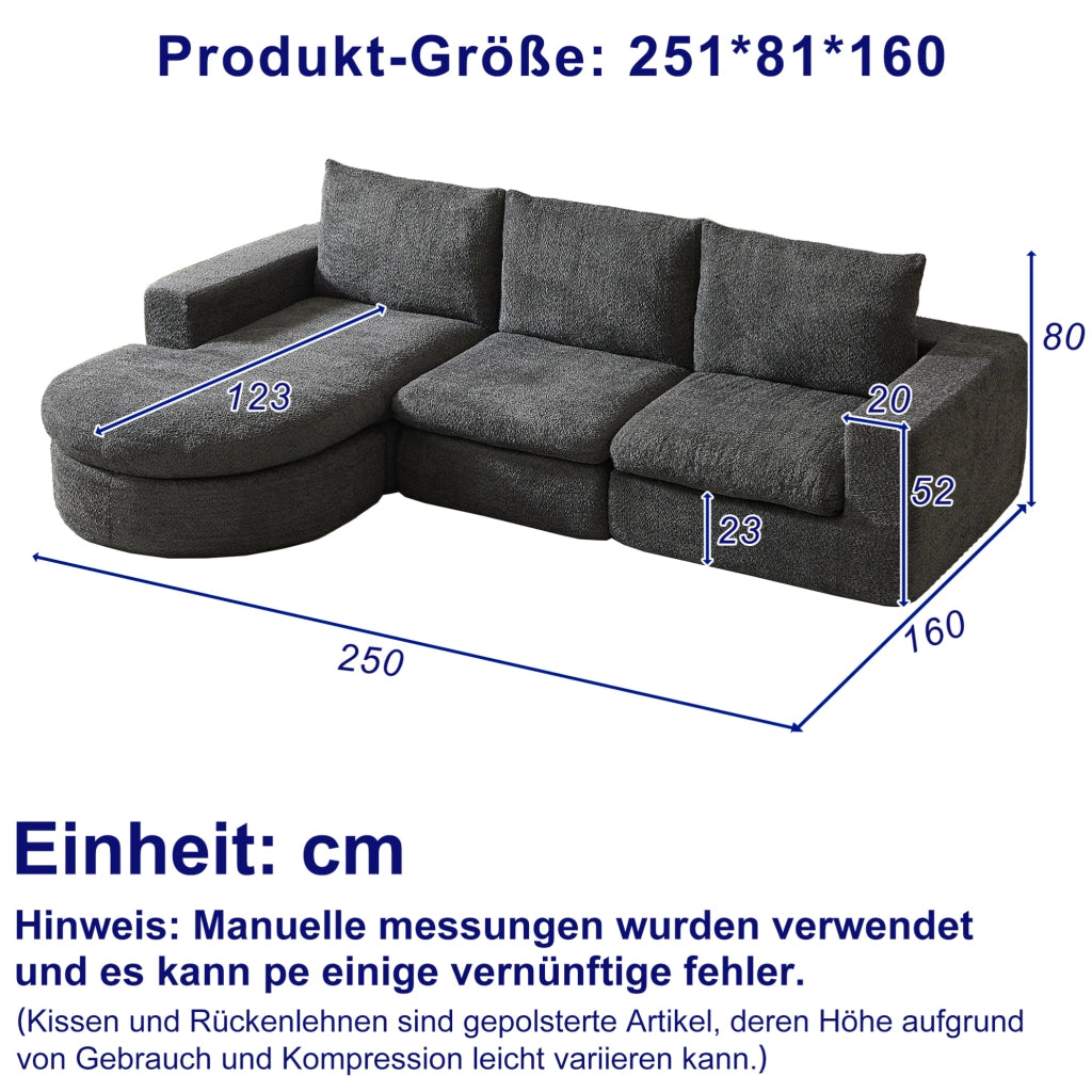Divano modulare con chaise longue reversibile 250x160 cm in ciniglia grigio HOMVRA