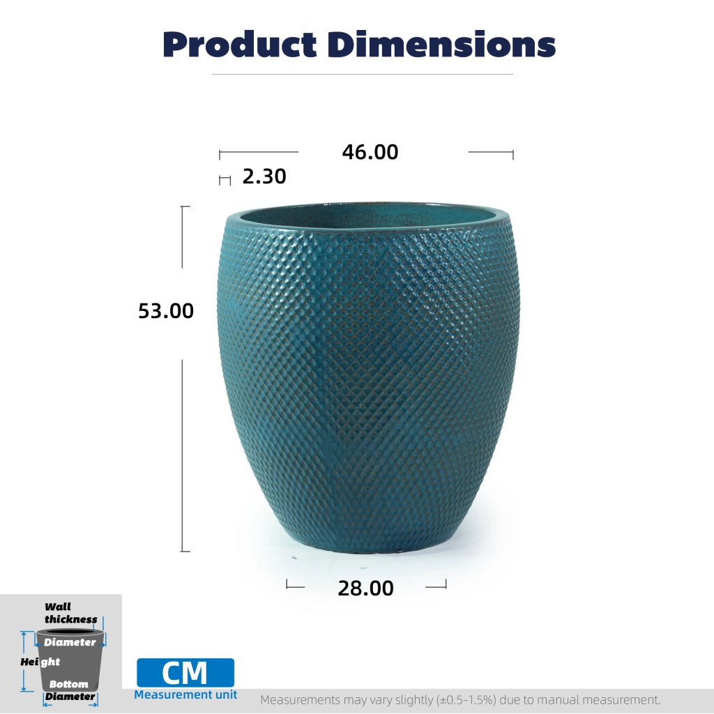 Vaso da fiori in ceramica extra grande Ø46 cm, H 53 cm, smaltato turchese lucido, con fori di drenaggio