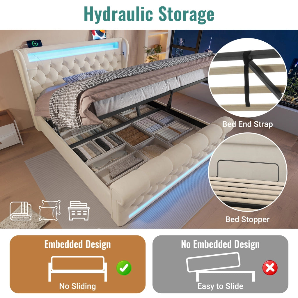 Letto contenitore 160 × 200 cm idraulico con LED USB e Type-C in velluto beige