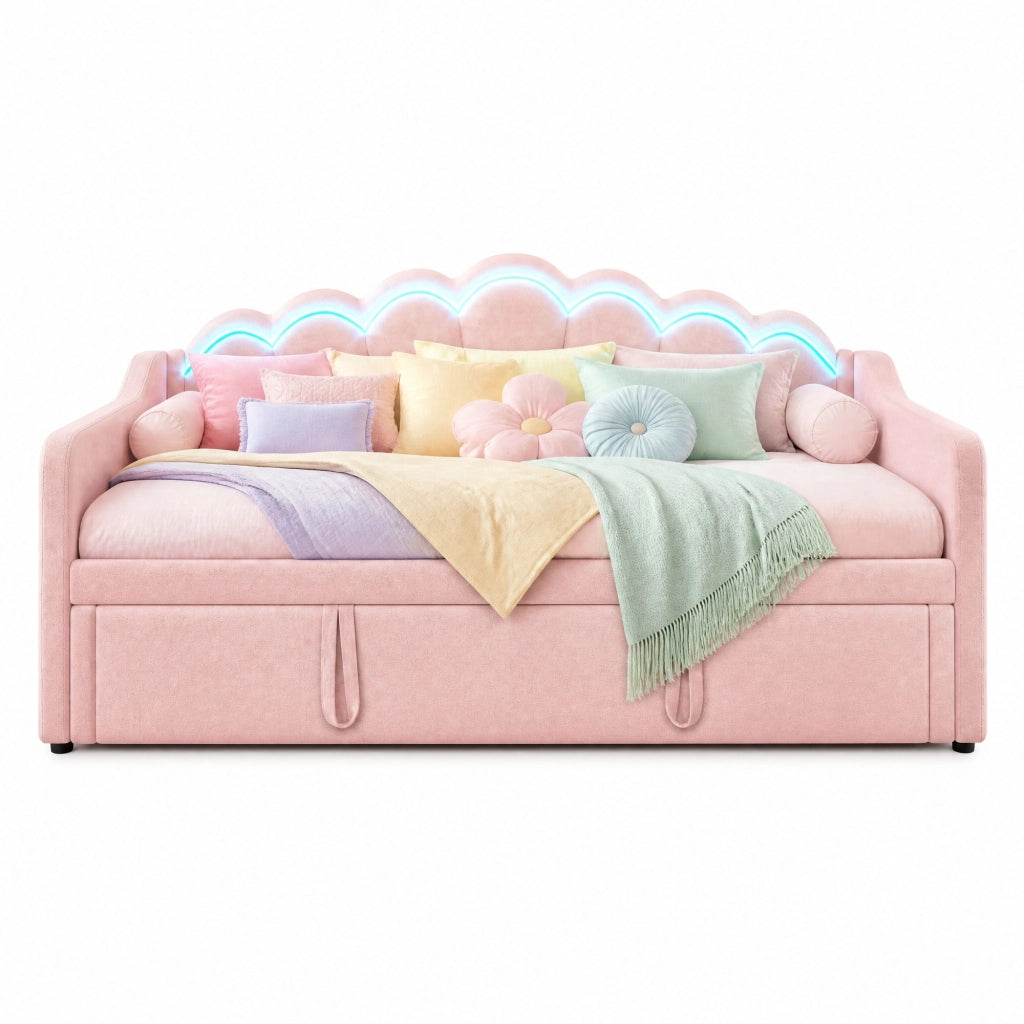 Letto a Divanetto Estraibile 90x200 cm e 180x200 cm; con LED; in Velluto; Rosa