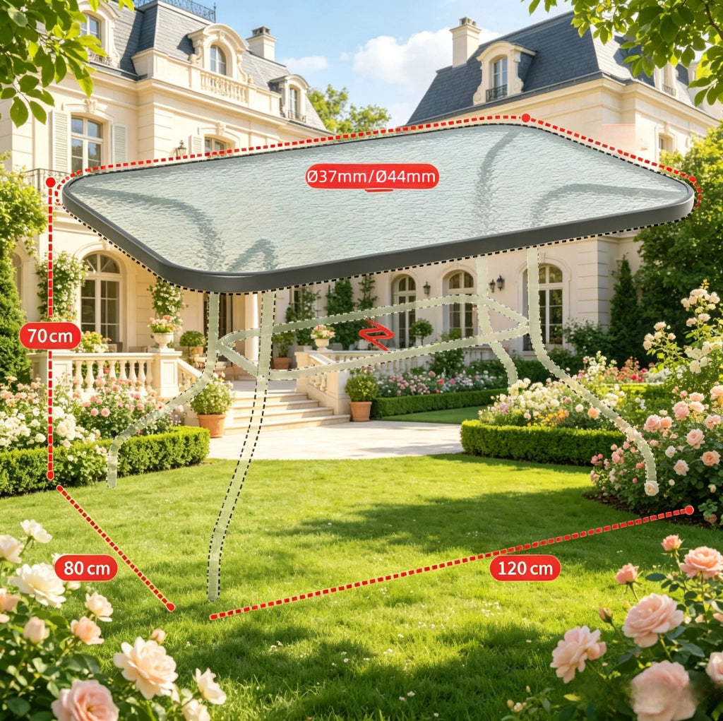 Tavolo da Giardino Rettangolare con Foro per Ombrellone, 120x80x70 cm, Metallo e Vetro Temperato, Nero