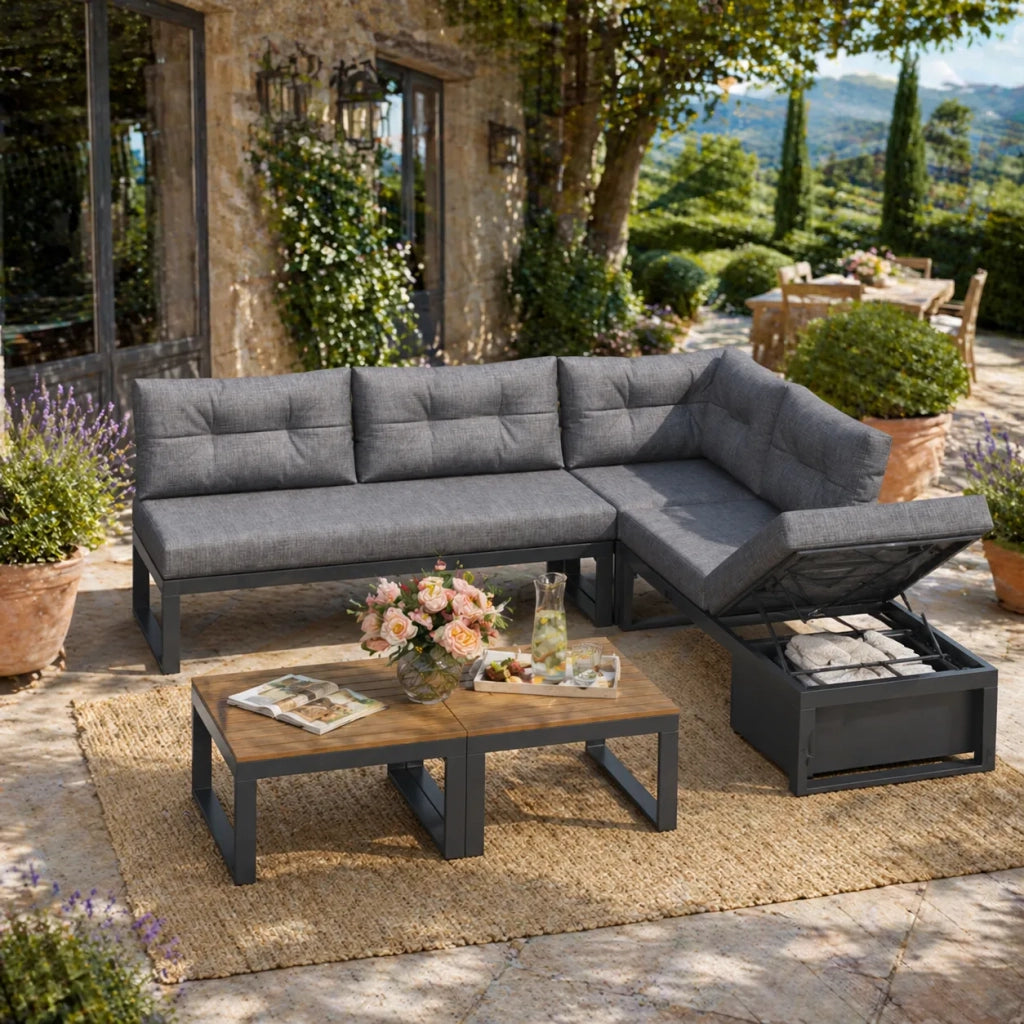 Set mobili da giardino multifunzione, schienale regolabile a 3 livelli con funzione reclinabile, cuscini spessi, vano portaoggetti, rivestimento in poliestere resistente alle intemperie, grigio scuro