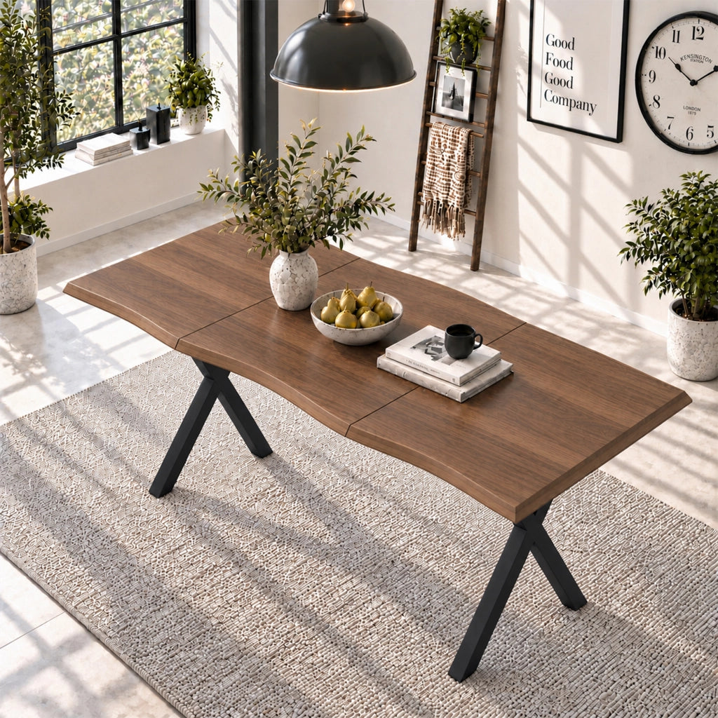 Tavolo da Pranzo 180x78 cm 4-6 Posti LEMONMAX; Piano MDF 28 mm con Bordi Ondulati; Gambe a X in Metallo; Finitura Effetto Noce; Portata 60 kg