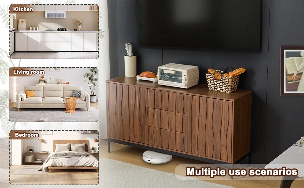 Sideboard 150 cm in legno di quercia scuro venato, stile Mid Century Modern con 3 cassetti e ampia nicchia aperta. Mobile decorativo per cucina, soggiorno, ingresso e corridoio