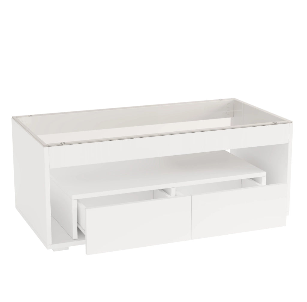 Tavolino da caffè moderno 100x50x40 cm bianco lucido con piano in vetro temperato, 2 ampi cassetti e illuminazione LED controllabile via app