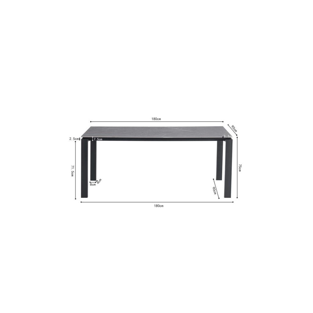 Tavolo da pranzo per 8 persone collezione ATHENA. Lunghezza 180cm con piano di 12mm in pietra grigia effetto cemento.