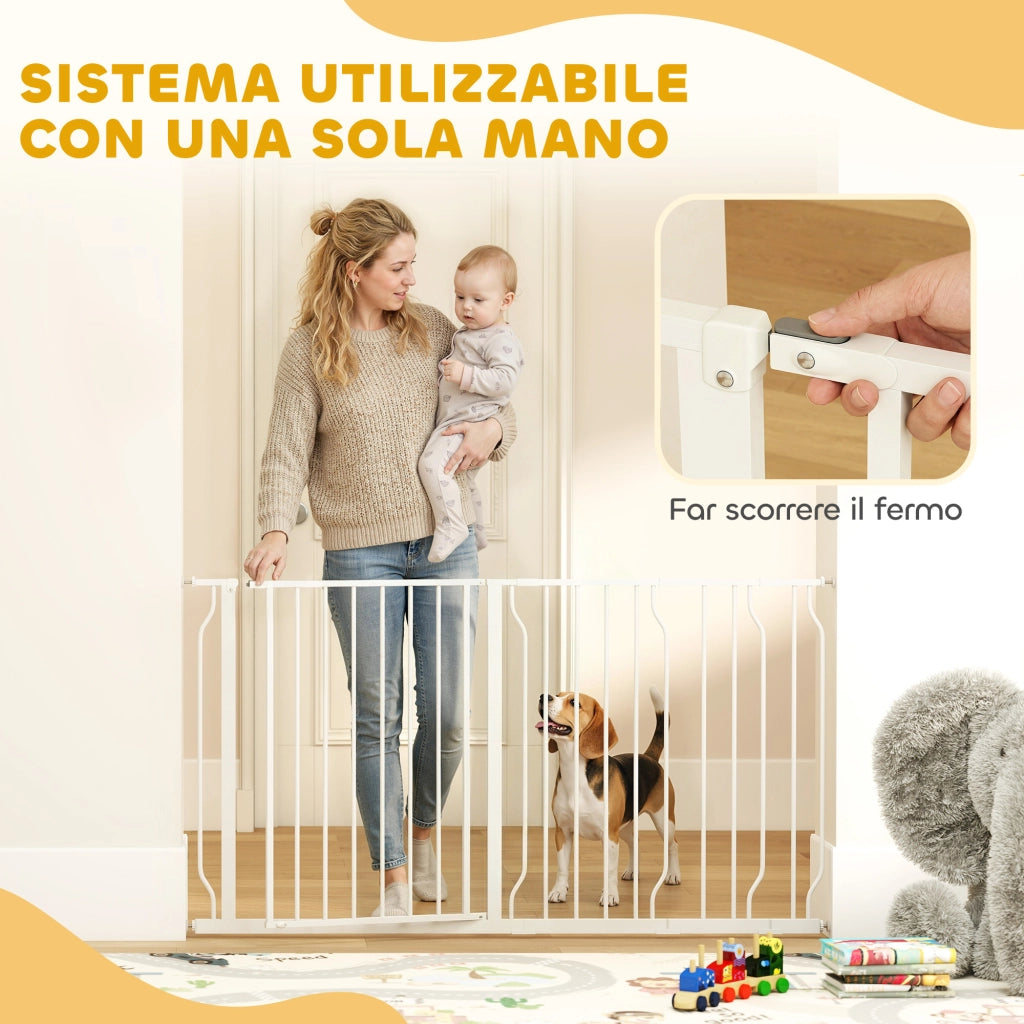 Cancelletto di Sicurezza per Cani Regolabile 75-145 cm in Acciaio e ABS Bianco, Barriera per Porte e Scale Facile da Montare