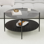 Tavolino basso fisso rotondo a due ripiani in vetro temprato legno e ferro nero diametro 82 cm altezza 45 cm