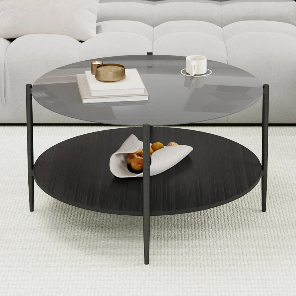 Tavolino basso fisso rotondo a due ripiani in vetro temprato legno e ferro nero diametro 82 cm altezza 45 cm