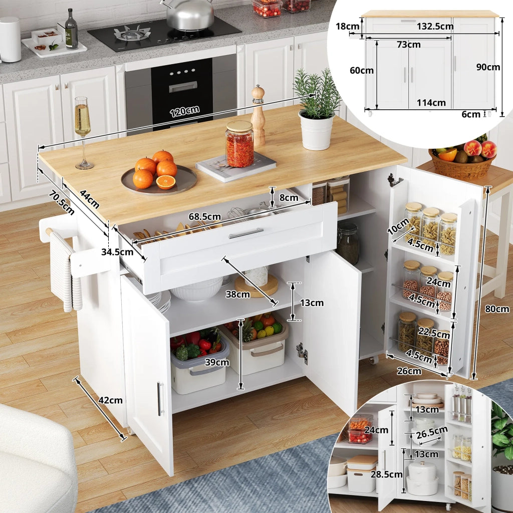 Tavolo da cucina mobile 132,5x44x90 cm con piano ribaltabile, effetto rovere. Mobile multifunzione con portaspezie e porta asciugamani, 5 ruote. Per cucina/casa