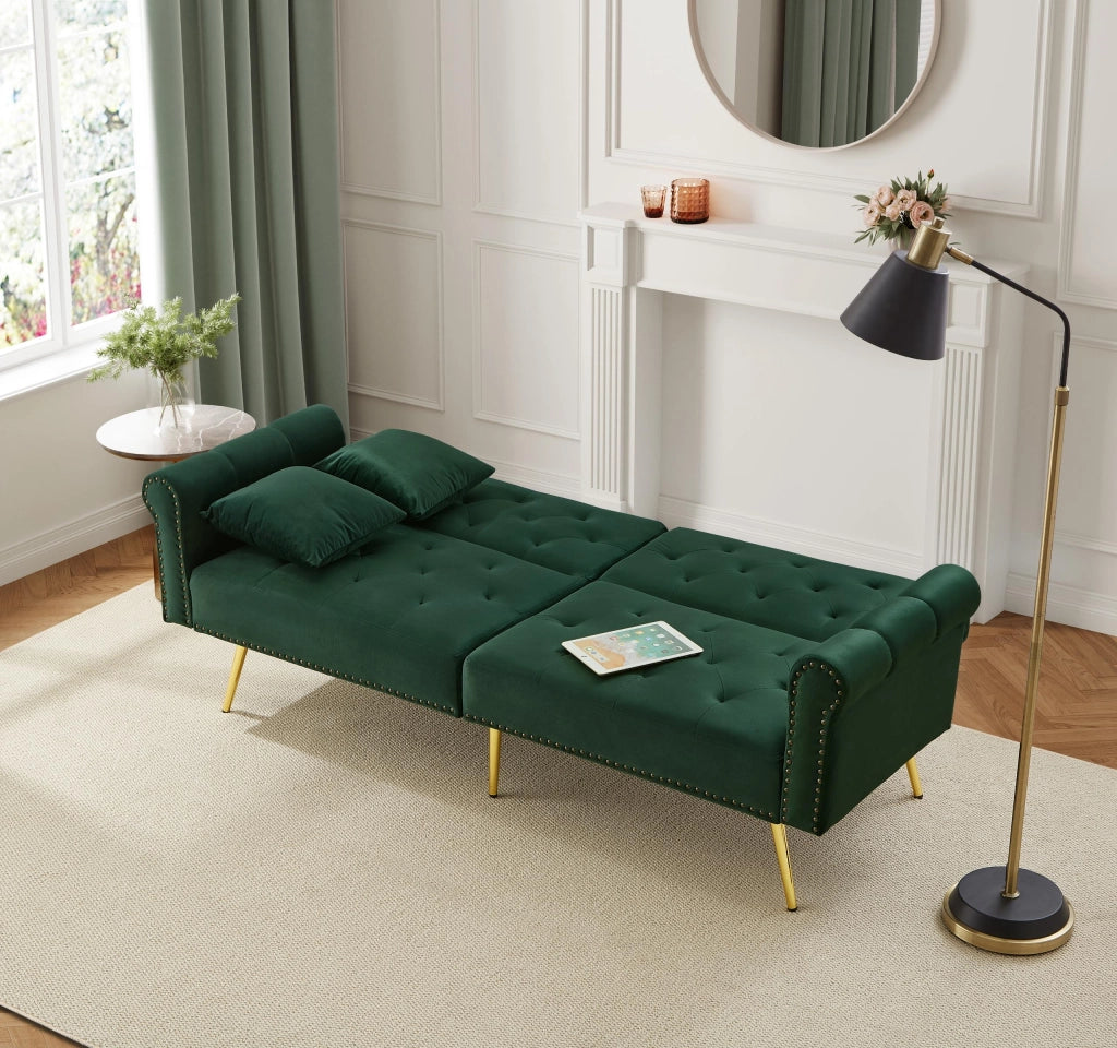 Divano letto 2 posti 173 x 75 x 70 cm con schienali regolabili; velluto; verde antico