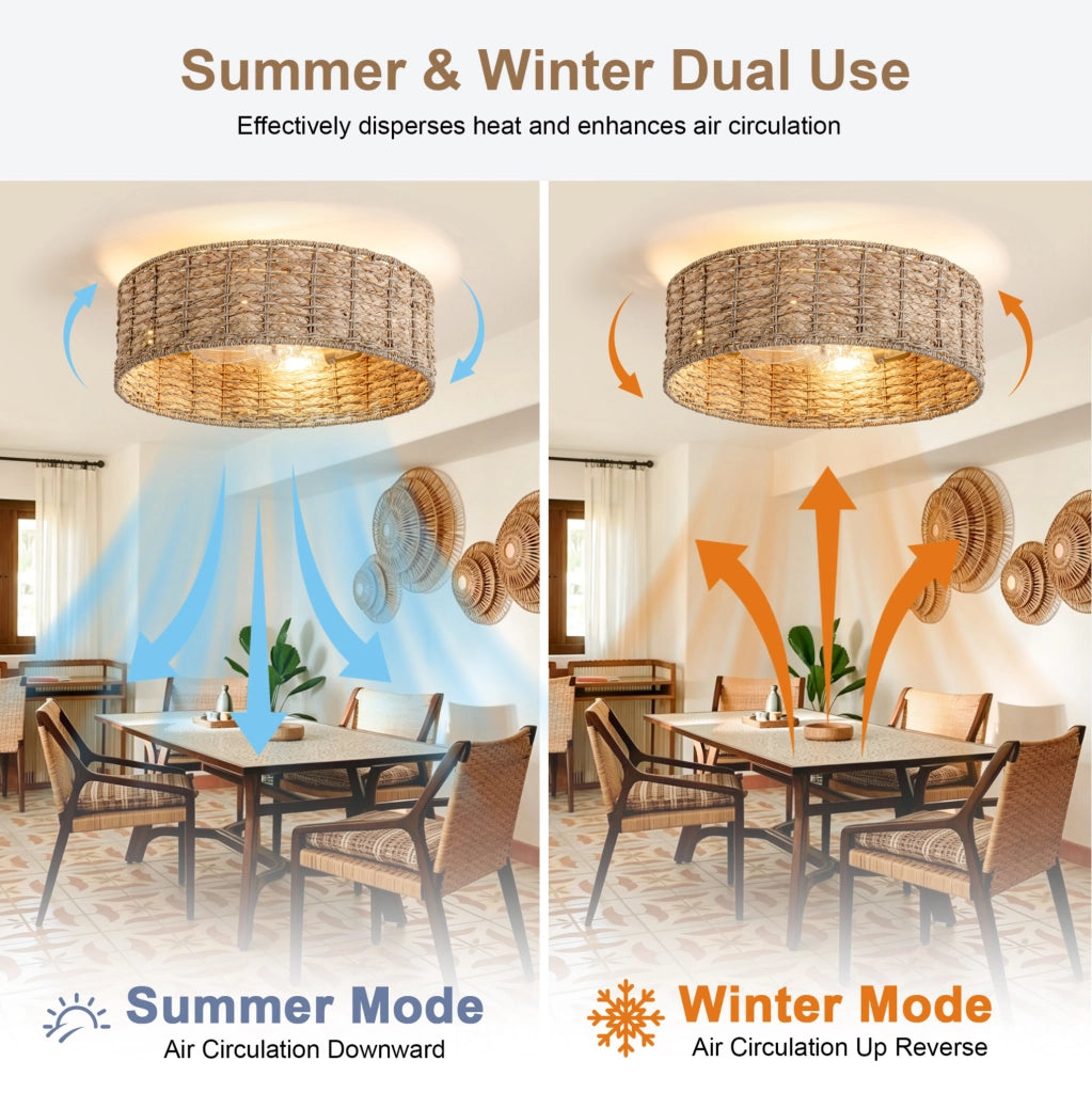Ventilatore da soffitto con luce in rattan intrecciato; controllo App e telecomando; rame