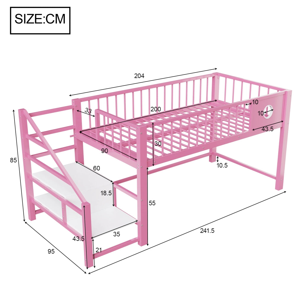 Letto a soppalco 90 × 200 cm con scala contenitore e vano sottoletto in MDF e metallo rosa per bambini e ragazzi