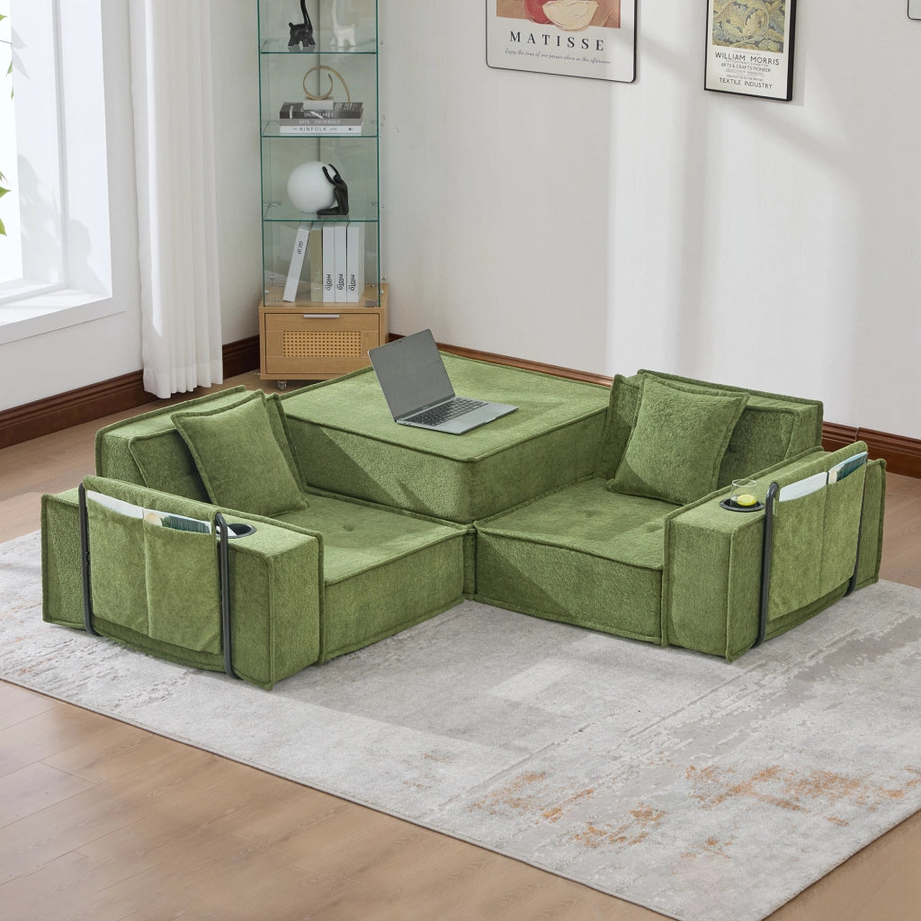 Divano modulare 2 posti - con tasche laterali e cuscini - in chenille verde