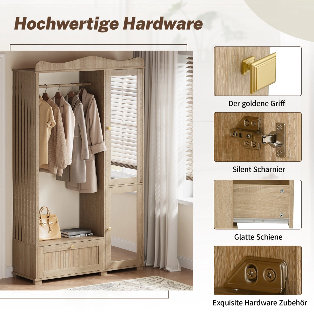 Guardaroba Aperto con Specchio a Figura Intera, Mobile con 2 Ante e Cassetto in MDF Colore Quercia, 115,5x38,5x194,5 cm