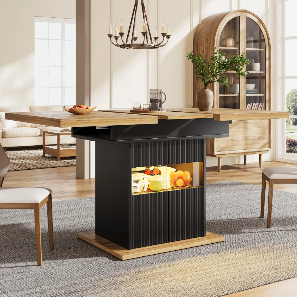 Tavolo da pranzo allungabile 110-140x80 cm con vano contenitore LED; MDF nero effetto legno