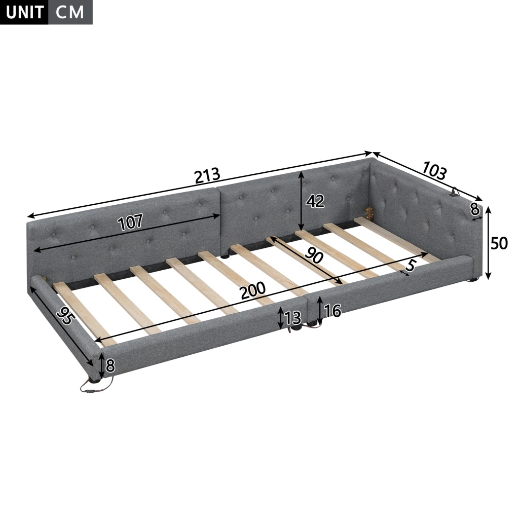 Daybed Imbottito 90x200 cm con LED; USB; USB-C; Grigio