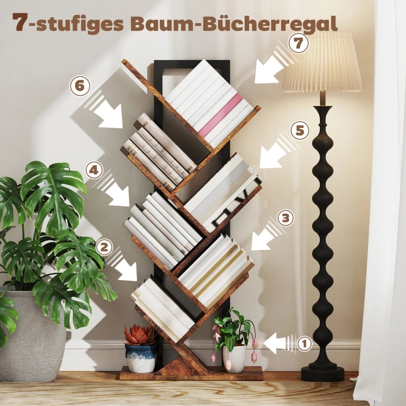 Libreria ad albero stretta con 7 ripiani in legno e struttura in acciaio marrone rustico 50 × 24 × 109 cm