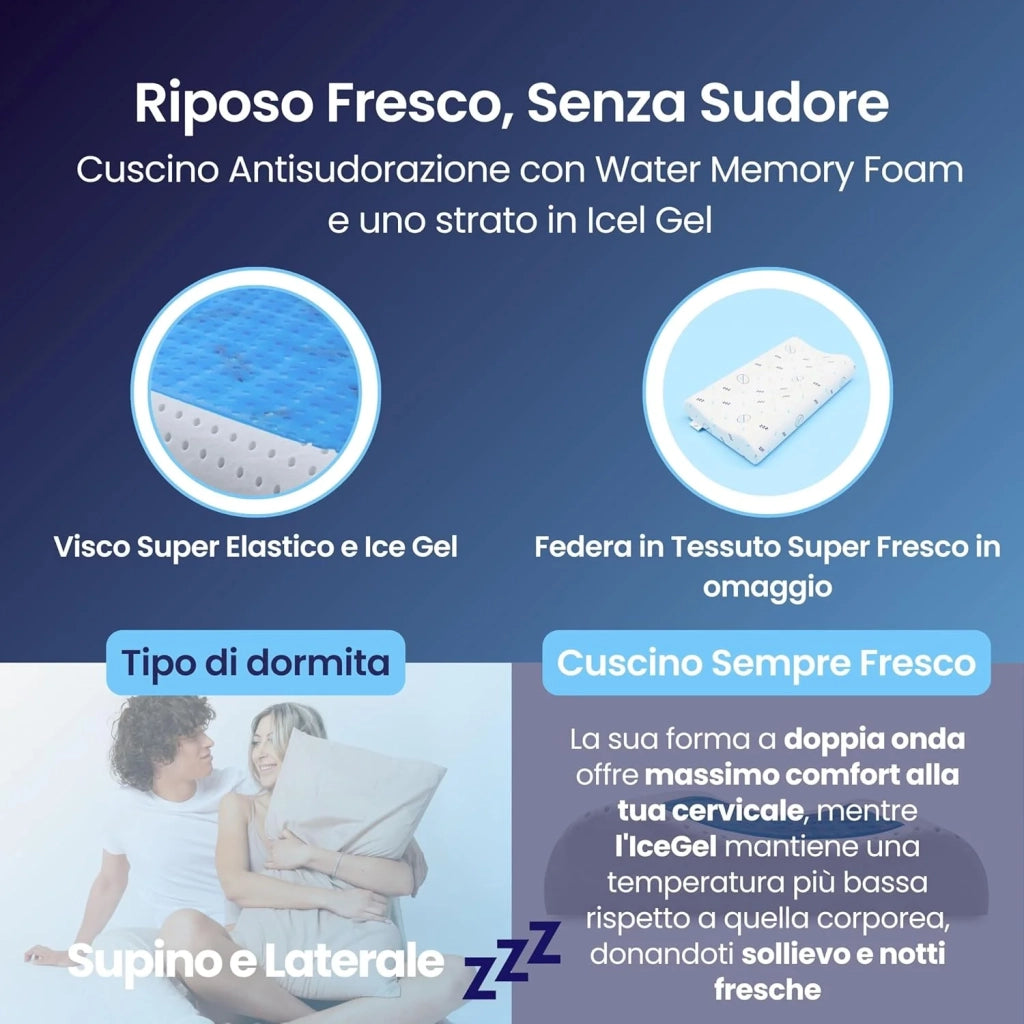 Coppia | Cuscino - Gel- Cervicale - Stop al Sudore - Termoregolatore - Kratos - 72x42x12/8/9cm