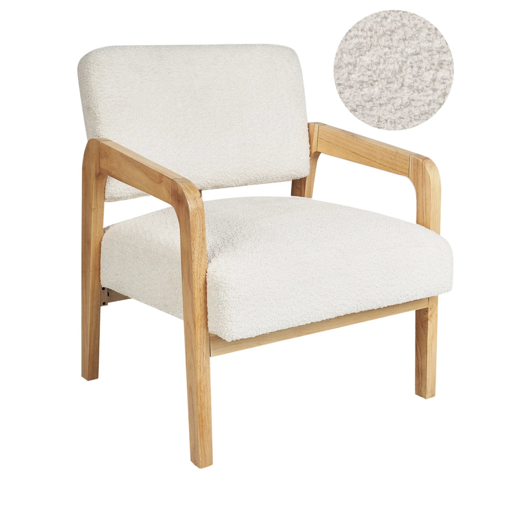 Poltrona Tessuto Boucle Bianco Morbido Nubby Struttura in legno chiaro Stile Arte Decor Retrò