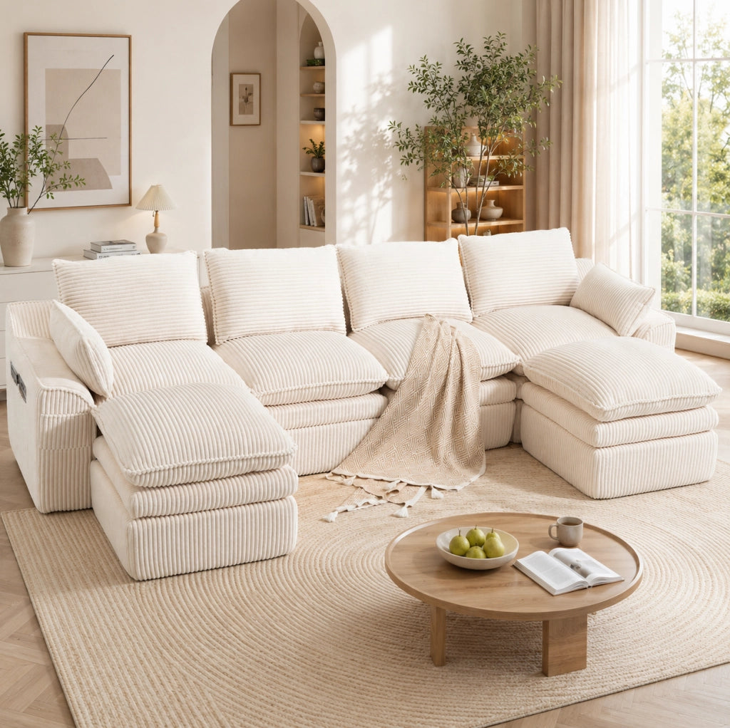 Divano modulare 4 posti in velluto a coste beige 335 cm con pouf e tasche laterali