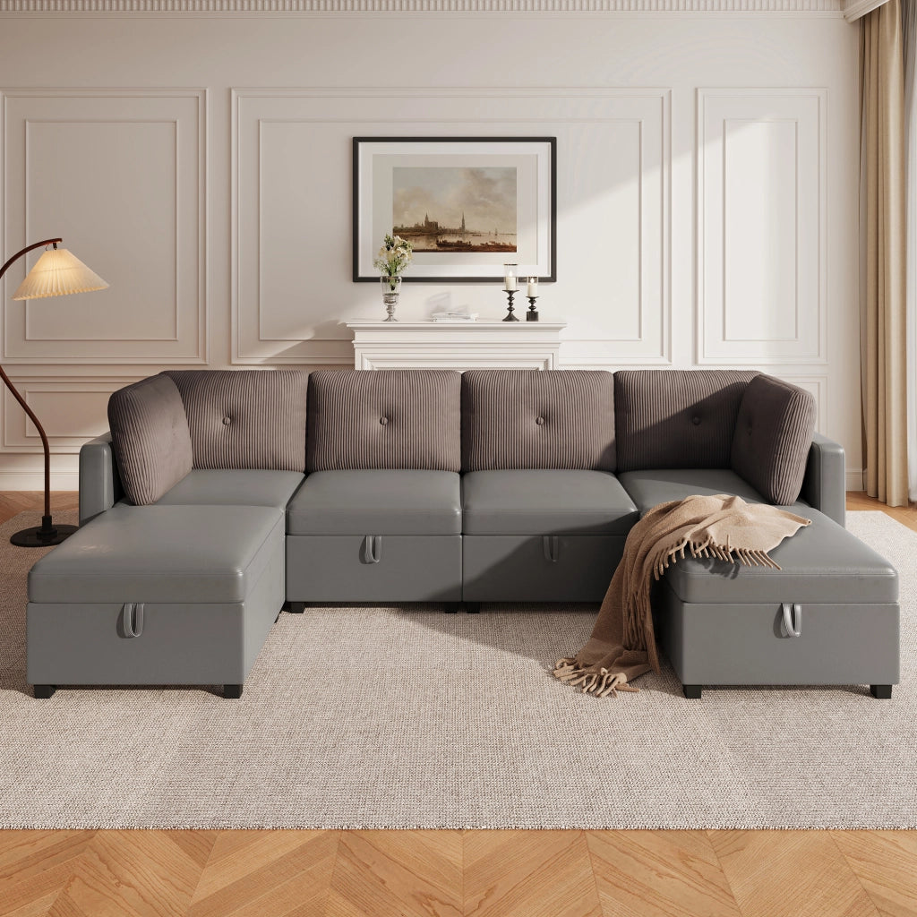 Divano modulare a U 6 posti 261 cm trasformabile in L e letto; velluto grigio antico