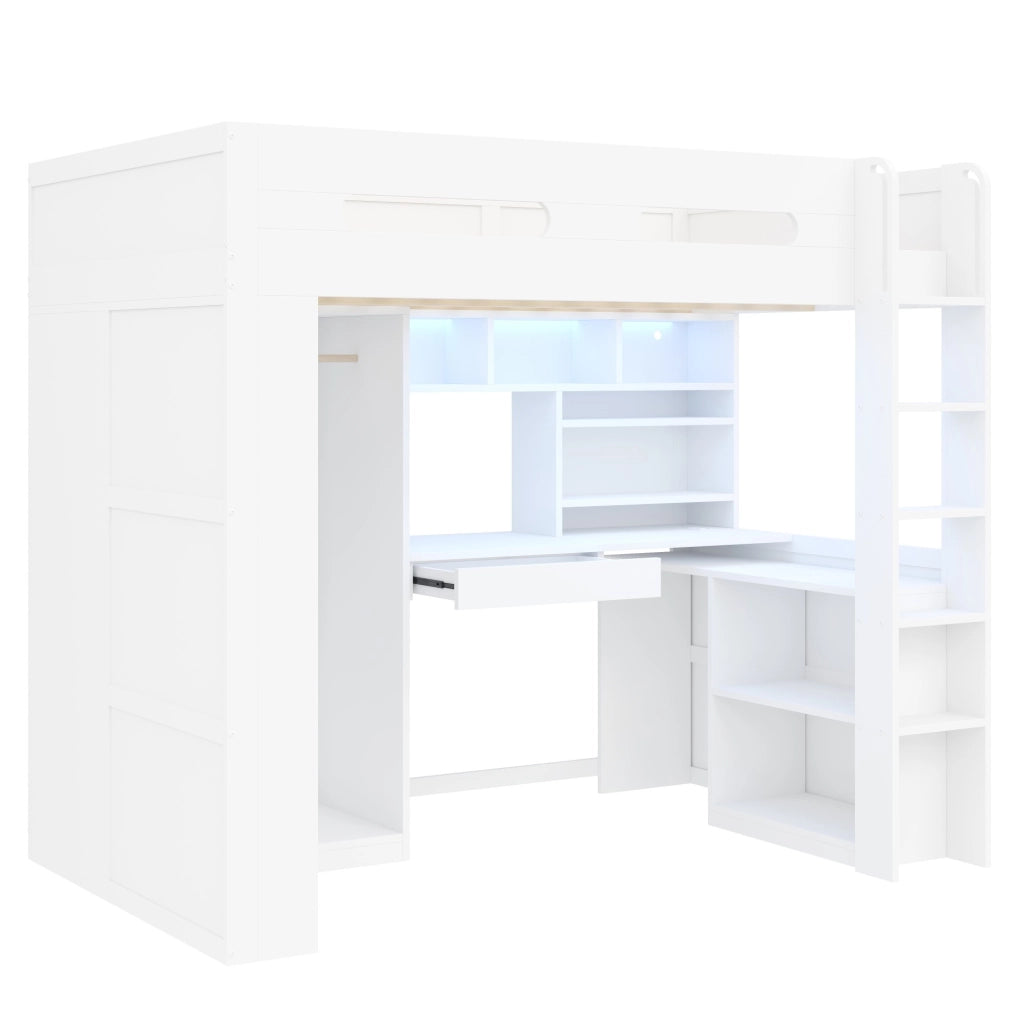 Letto a soppalco 90x200 cm in legno e MDF bianco con scrivania LED