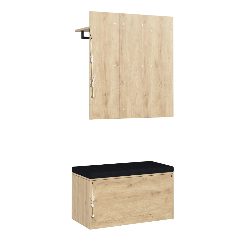 Set di mobili da ingresso con appendiabiti a parete; panca per scarpe con cuscino e LED; effetto rovere