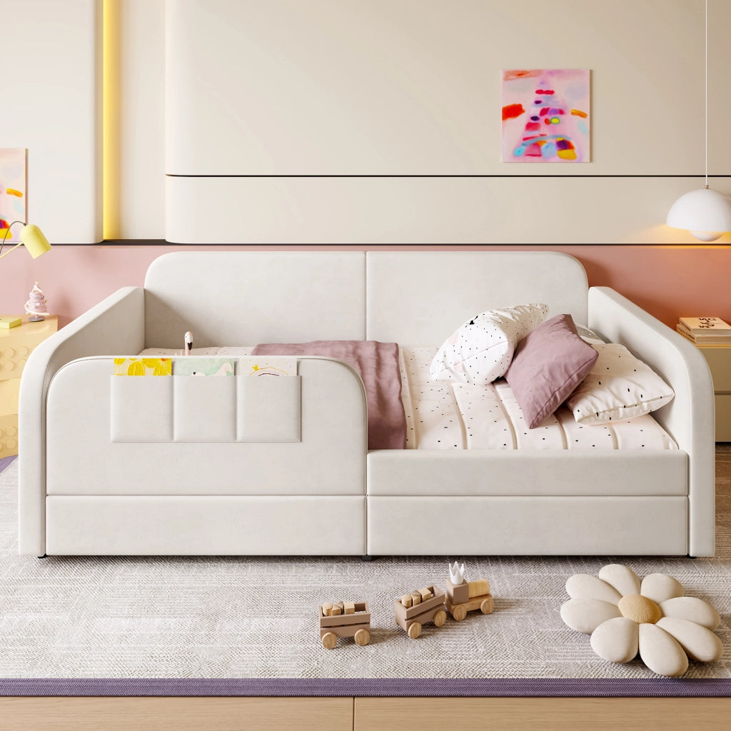 Letto per bambini singolo 90 × 200 cm con 2 cassetti e 3 tasche laterali, senza materasso, in velluto bianco