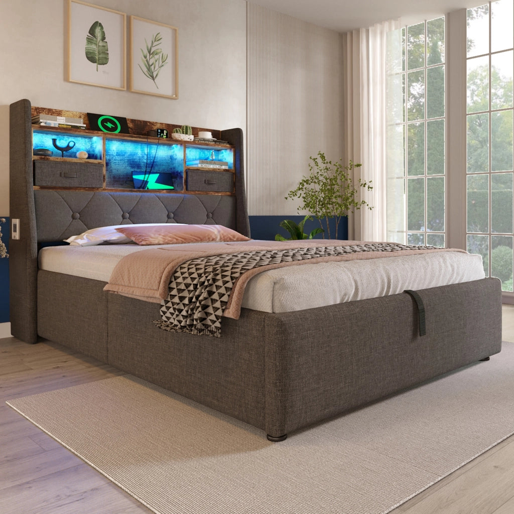 Letto contenitore 90 × 200 cm imbottito con LED e ricarica USB Type-C; lino grigio e materasso incluso
