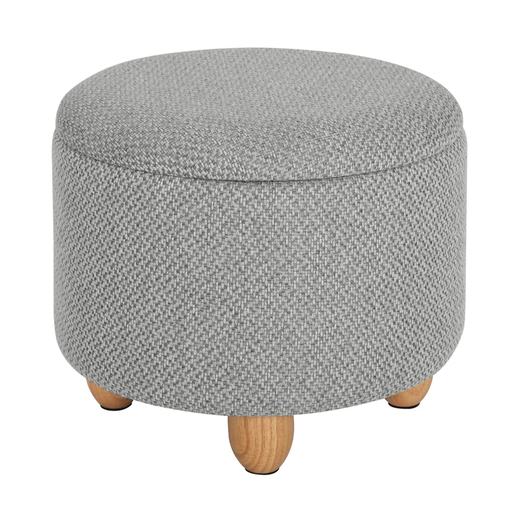 Ottomane contenitore tonda in lino grezzo grigio chiaro con struttura in MDF e gambe in pino, 39x39x33 cm, 21,5 L