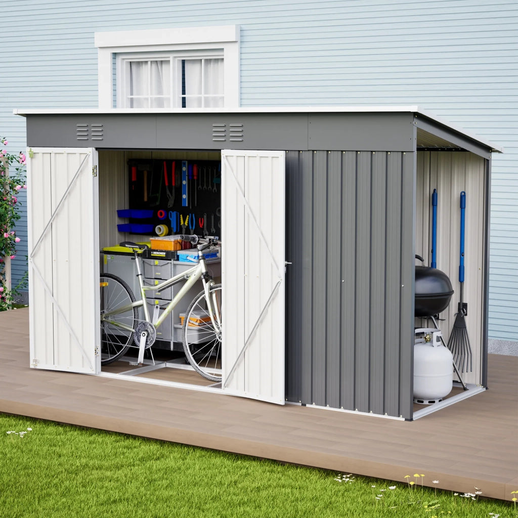 Capanno Attrezzi in Metallo 10x4 FT, Acciaio Robusto con Telaio Rinforzato, Doppia Porta e Ventilazione, Impermeabile per Giardino, Terrazzo e Cortile, Grigio