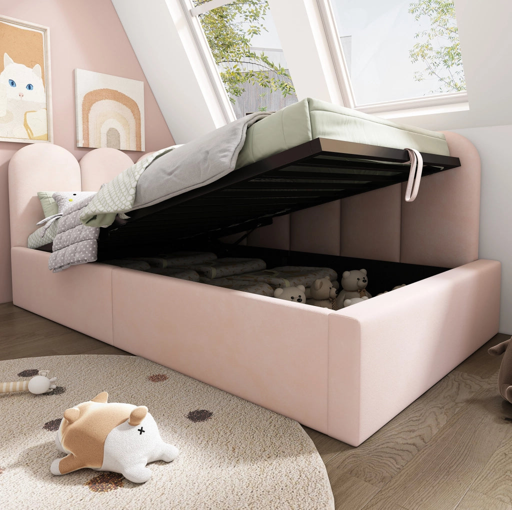 Letto da giorno 90x190 cm con contenitore idraulico in velluto rosa