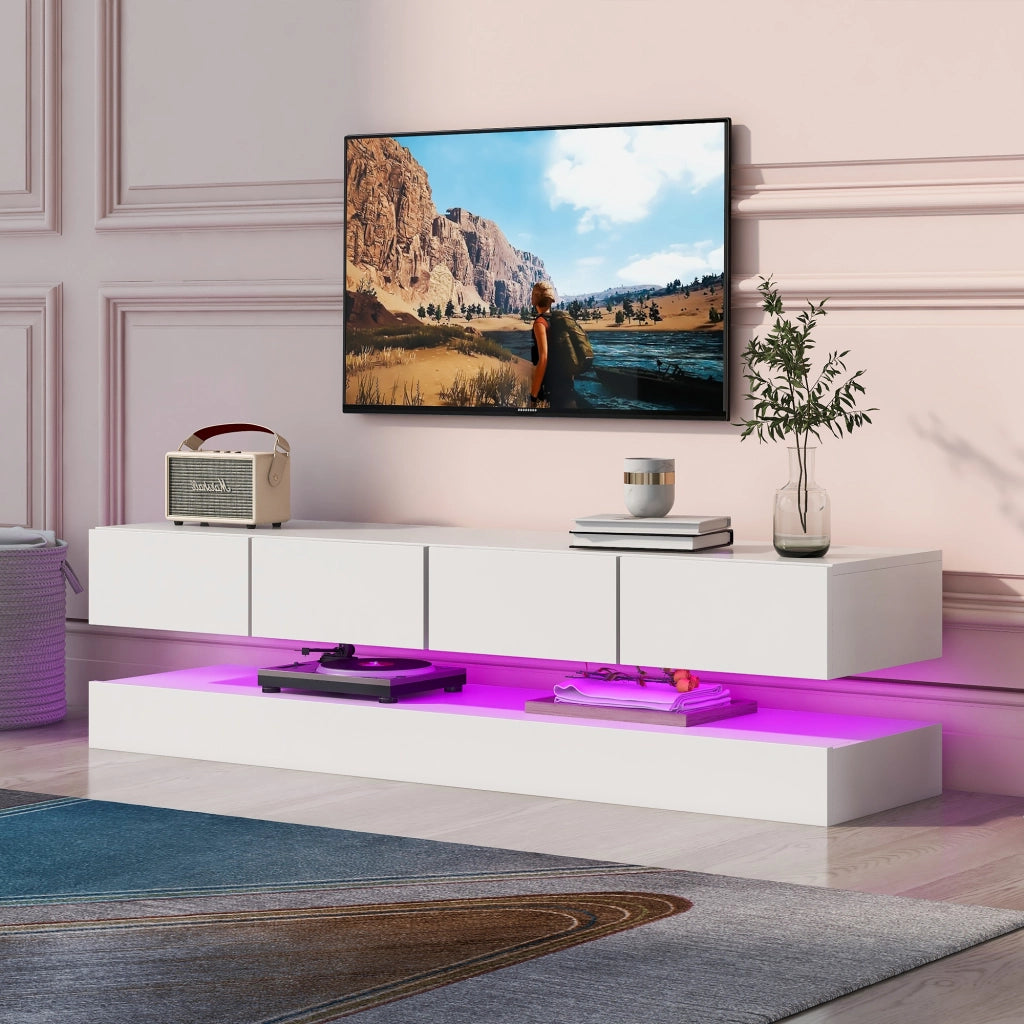 Mobile porta TV da parete con 4 cassetti e LED, controllo Bluetooth da app, MDF bianco