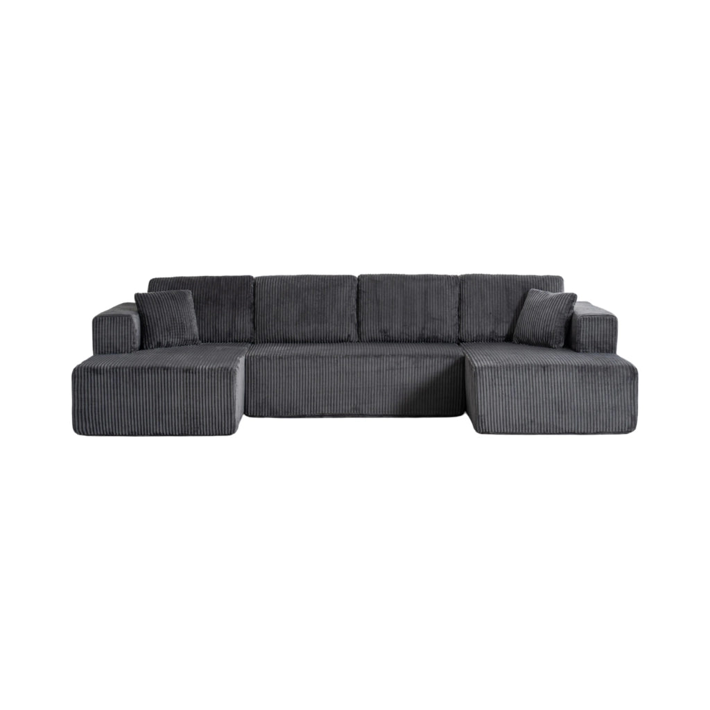 Divano modulare a forma di U in tessuto lampo, 332x156x88 cm, con cuscini grandi e piccoli