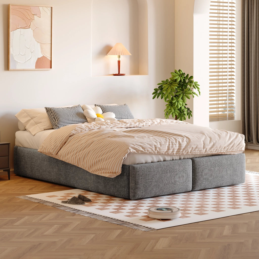 Letto contenitore 140 × 200 cm con sollevamento idraulico e 2 cassetti rivestito in tessuto grigio