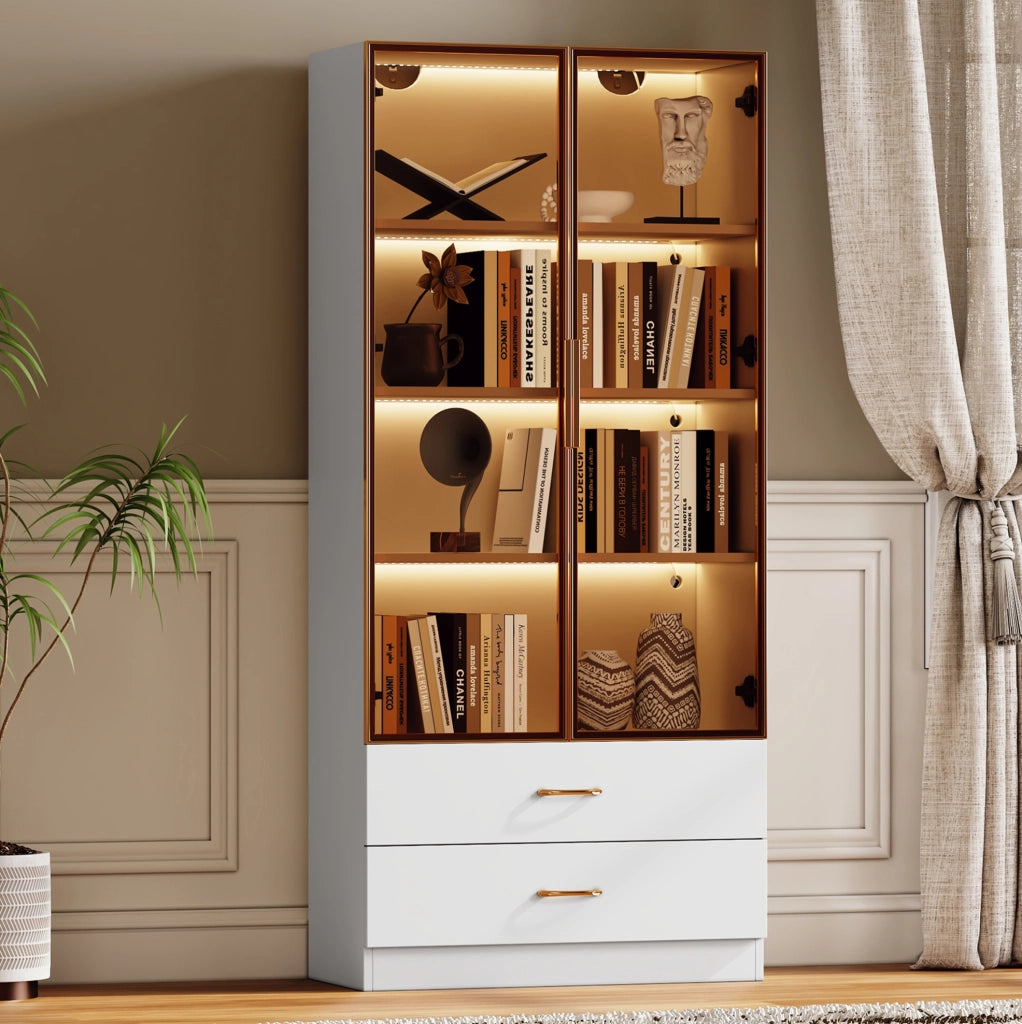 Armadio bagno 75x34,5x170 cm MDF bianco, vetro temperato, luce e 2 cassetti