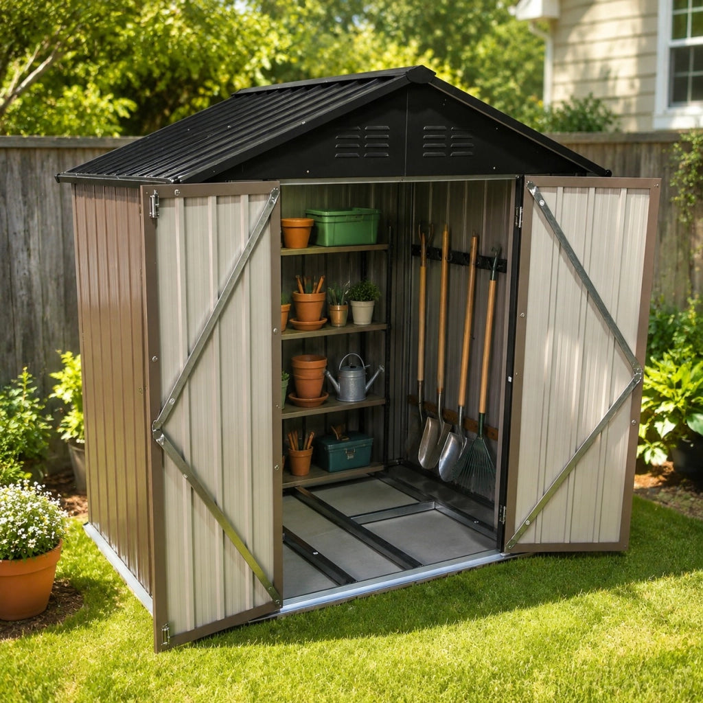 Capanno da giardino, 6x4 piedi, struttura in metallo, con tetto a punta, superficie occupata: 1.95m², colore marrone-nero