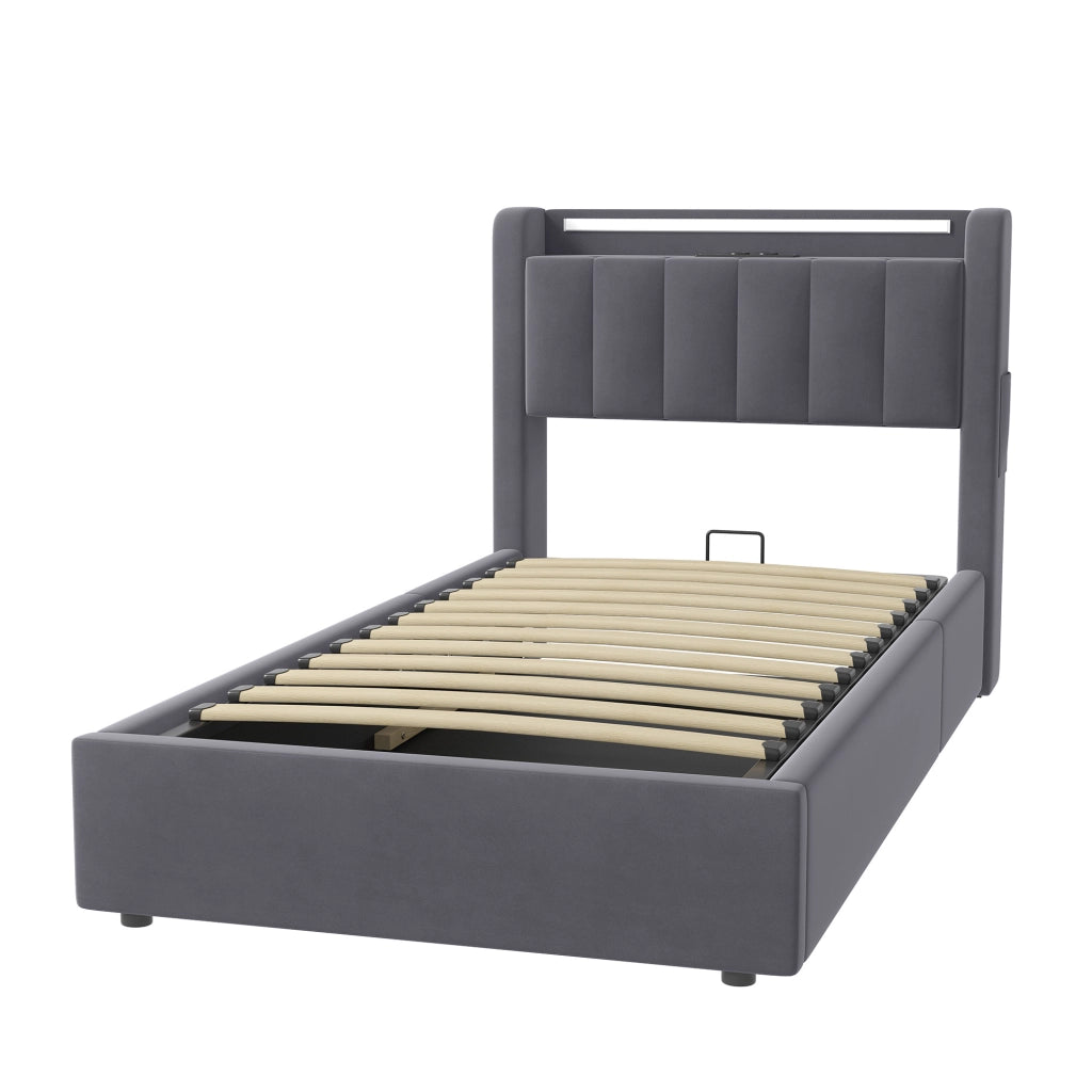 Letto imbottito 90x200 cm in velluto con contenitore idraulico, LED e porte USB