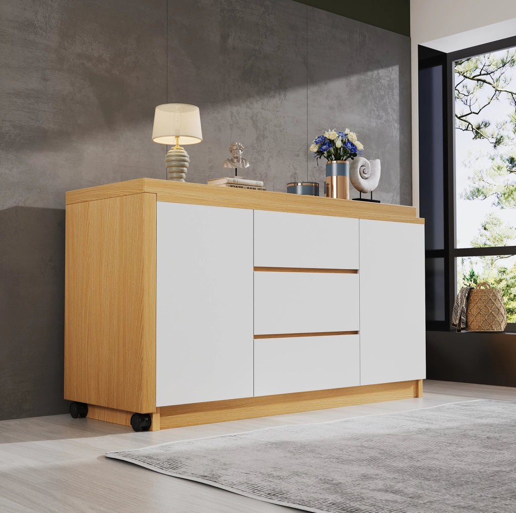 Scrivania girevole 360° 120x50x76;5 cm con 3 cassetti e 2 ante in truciolare bianco e rovere