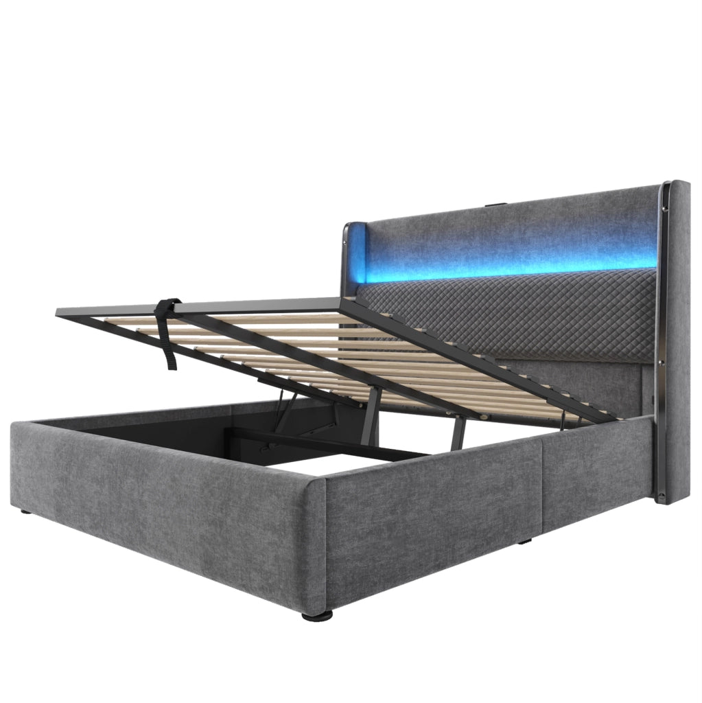 Letto 160x200 cm con contenitore, LED e prese USB/Type-C, rivestimento in lino grigio
