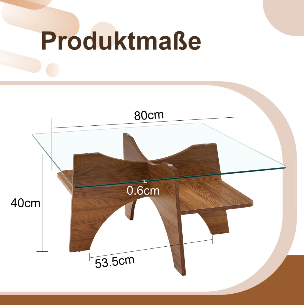 Tavolino Quadrato Moderno in Vetro di Sicurezza con Struttura in MDF Effetto Noce, 80x40 cm