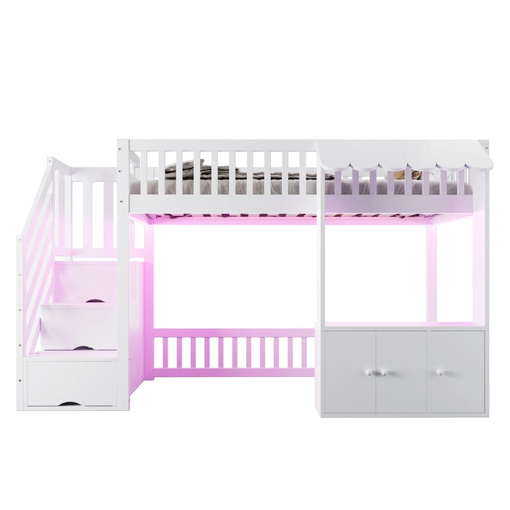 Letto soppalcato in legno 90x200 cm con scala contenitore; LED multicolore; bianco e rosa