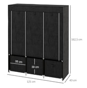 Armadio pieghevole in tessuto non tessuto con 3 cassetti, 125 x 43 x 162,5 cm, nero
