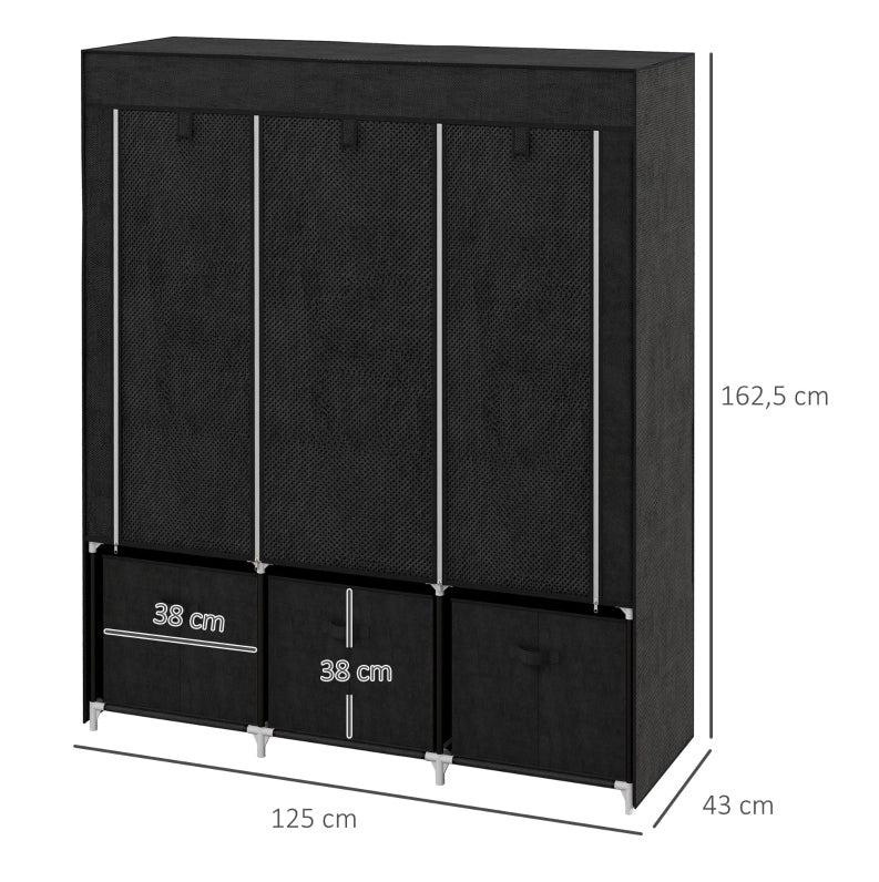 Armadio pieghevole in tessuto non tessuto con 3 cassetti, 125 x 43 x 162,5 cm, nero