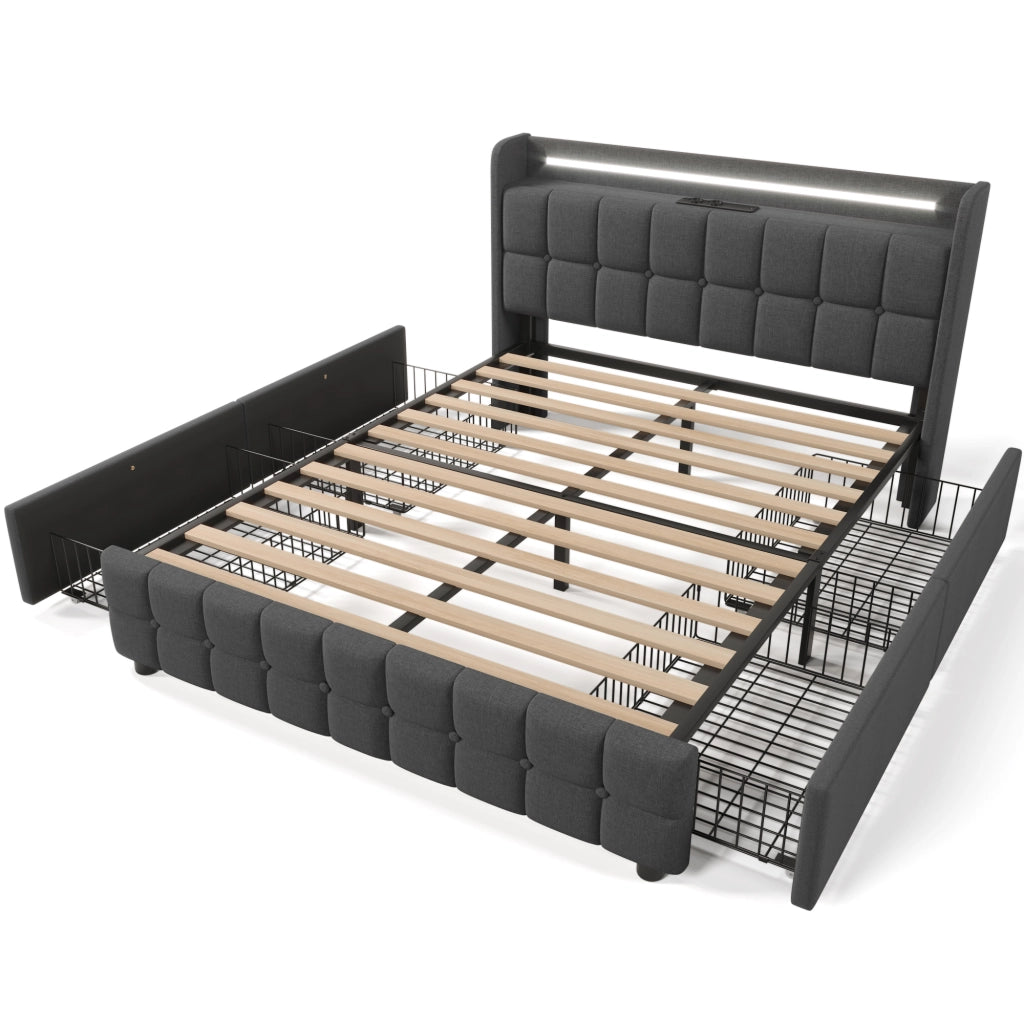 Letto matrimoniale imbottito 160x200 cm con testiera con ricarica USB e LED, 4 cassetti, contenitore, rete a doghe in legno - Grigio (Senza materasso)