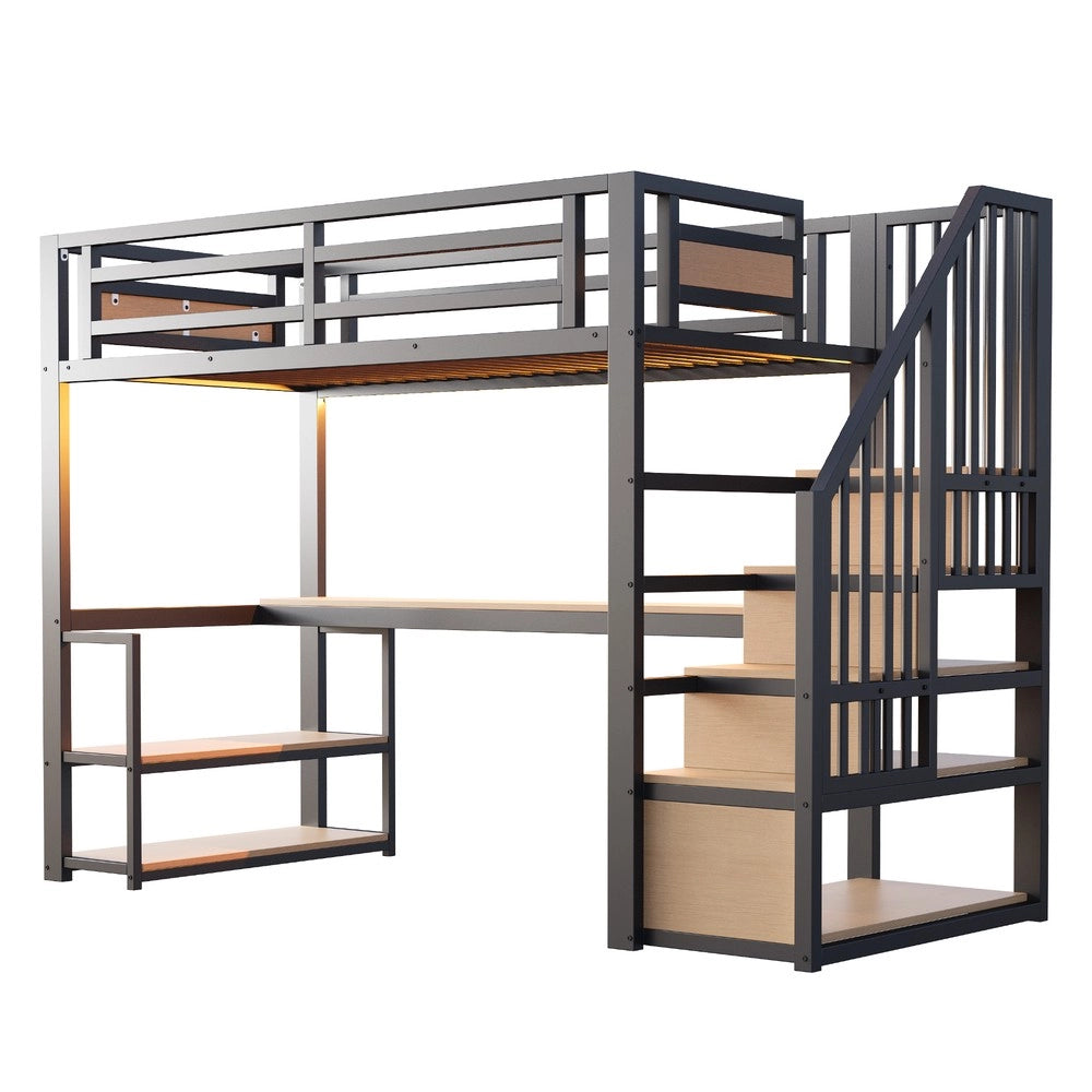 Letto a Soppalco in Metallo con LED, Presa, Ripiani e Tavolo ¨C Xylo ¨C Nero 90x200
