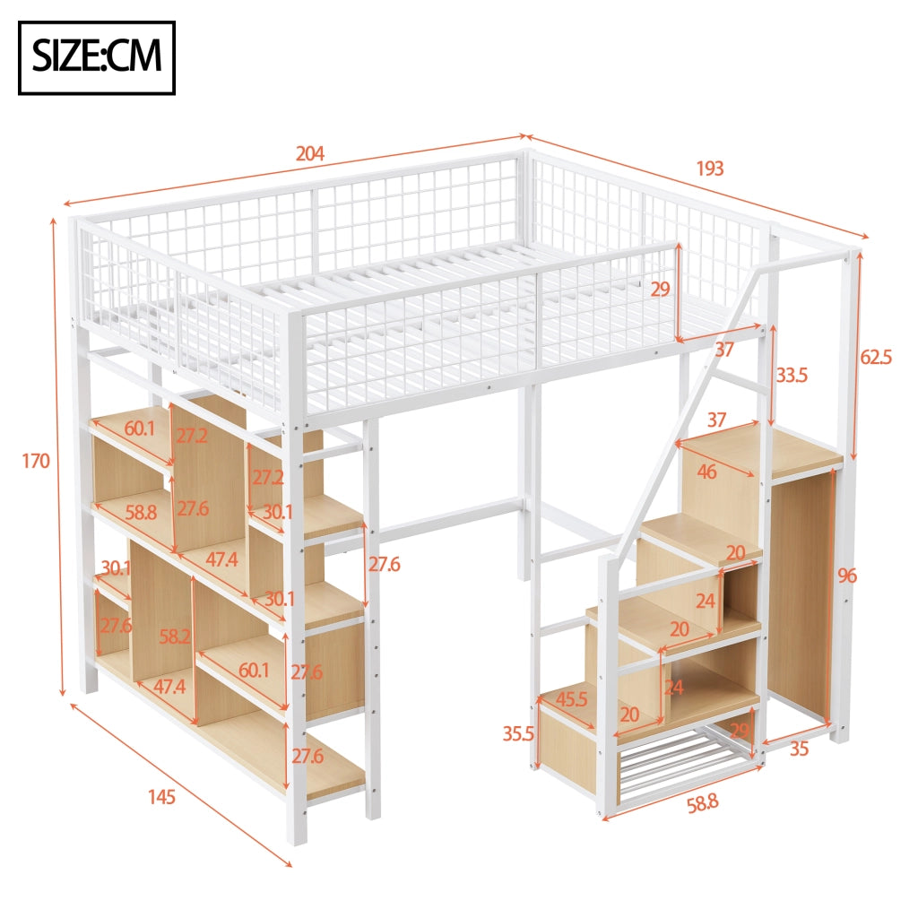 Letto a soppalco 140 × 200 cm con scala contenitore e vano aperto in metallo e legno bianco
