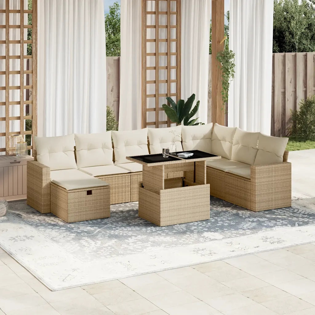 Set Divano da Giardino 9 pz con Cuscini Beige in Polyrattan 3274868